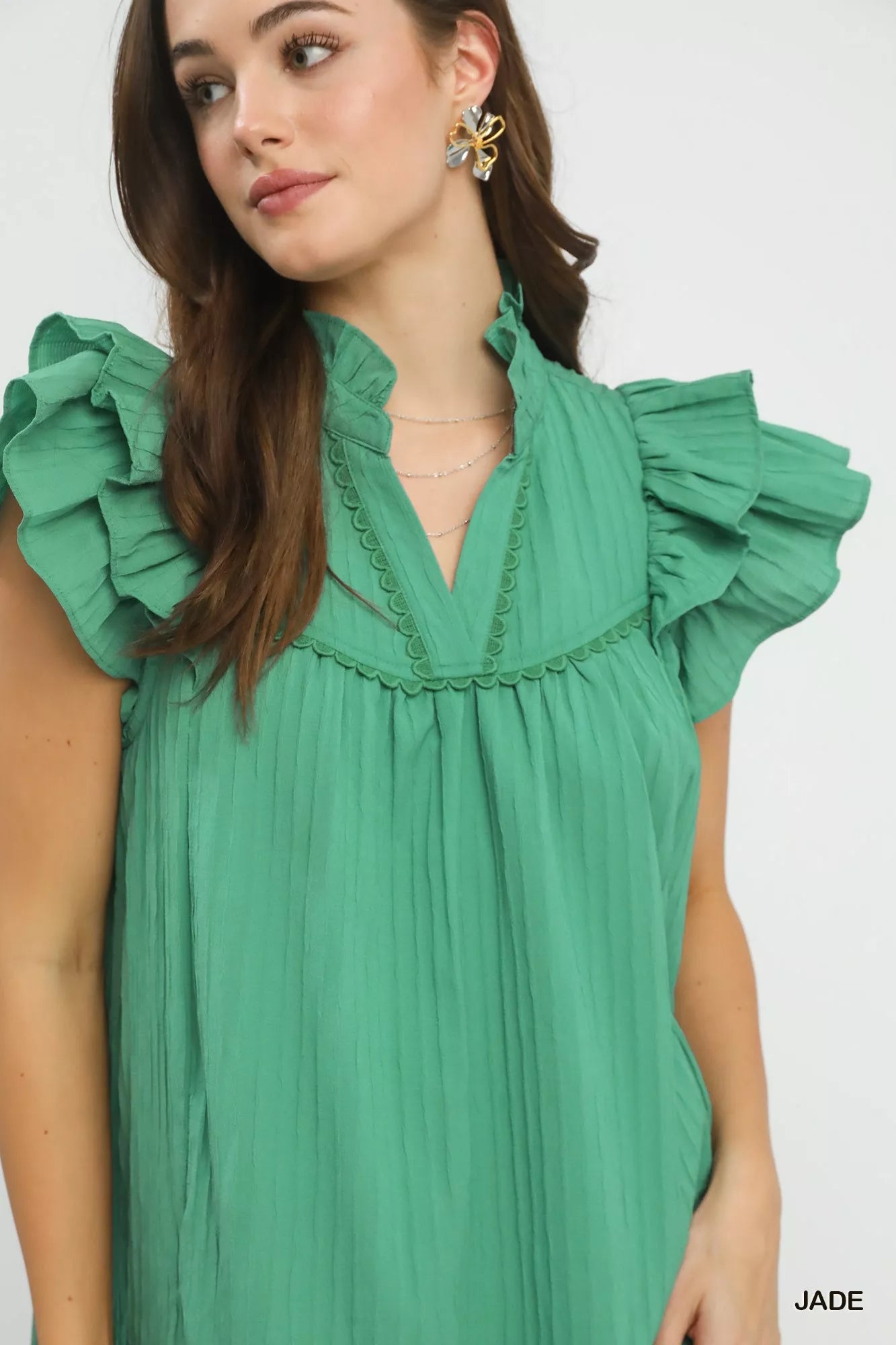 Umgee Flutter Sleeve Tiered Dress in emerald green with ruffles and scallop neckline