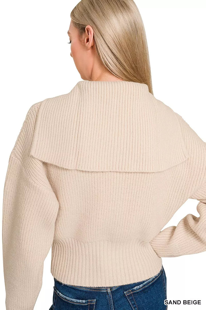 Zenana Ribbed Collared Zip Up Sweater Cardigan | Daverri Fashions