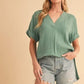 Aemi + Co Side Slit V-Neck Short Sleeve Blouse - DAVERRI FASHIONS