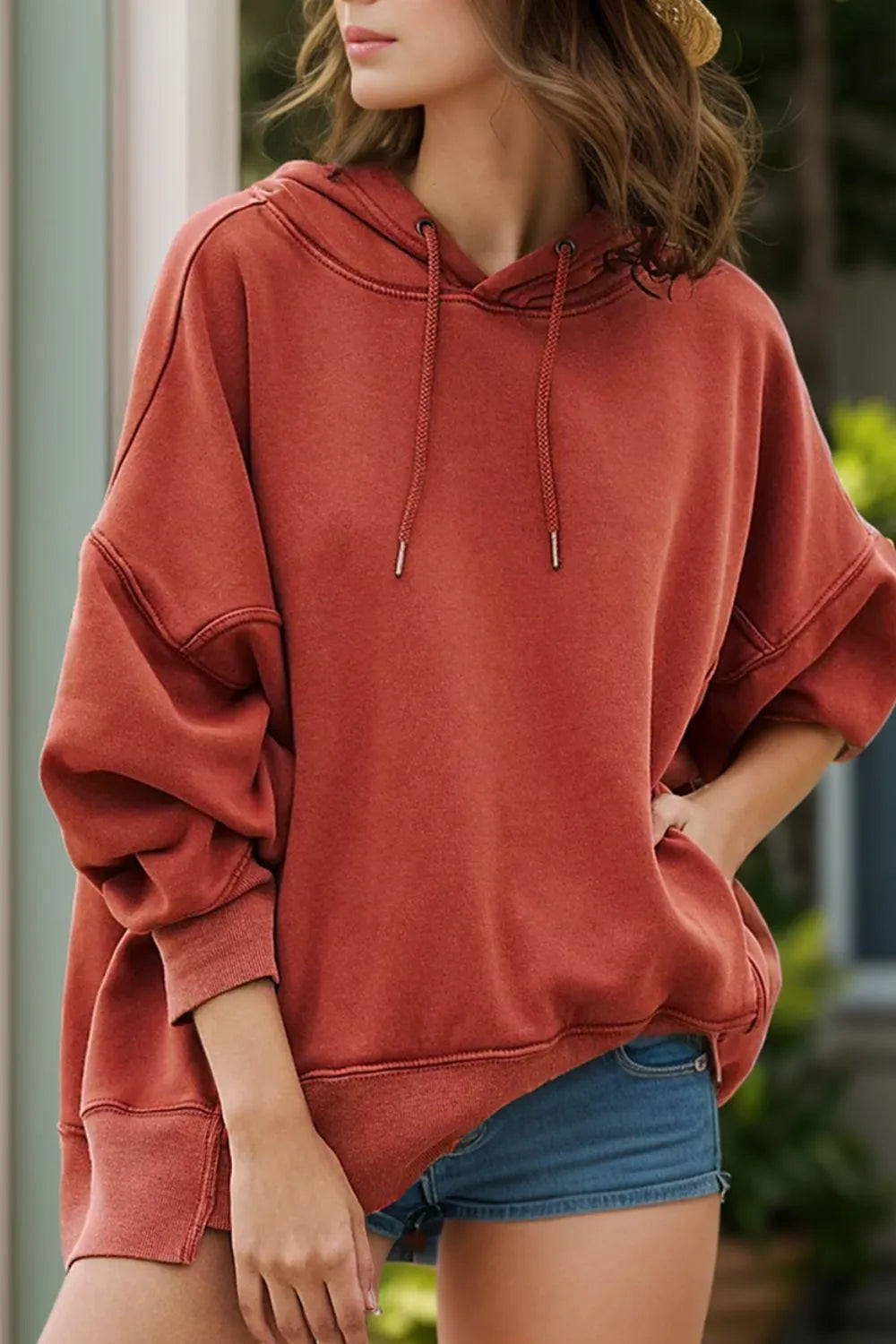 Rust Drawstring Dropped Shoulder Long Sleeve Hoodie | Sweatshirts Daverri Fashions