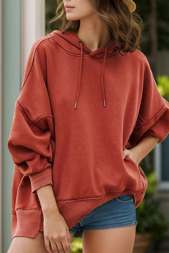 Rust Drawstring Dropped Shoulder Long Sleeve Hoodie | Sweatshirts Daverri Fashions