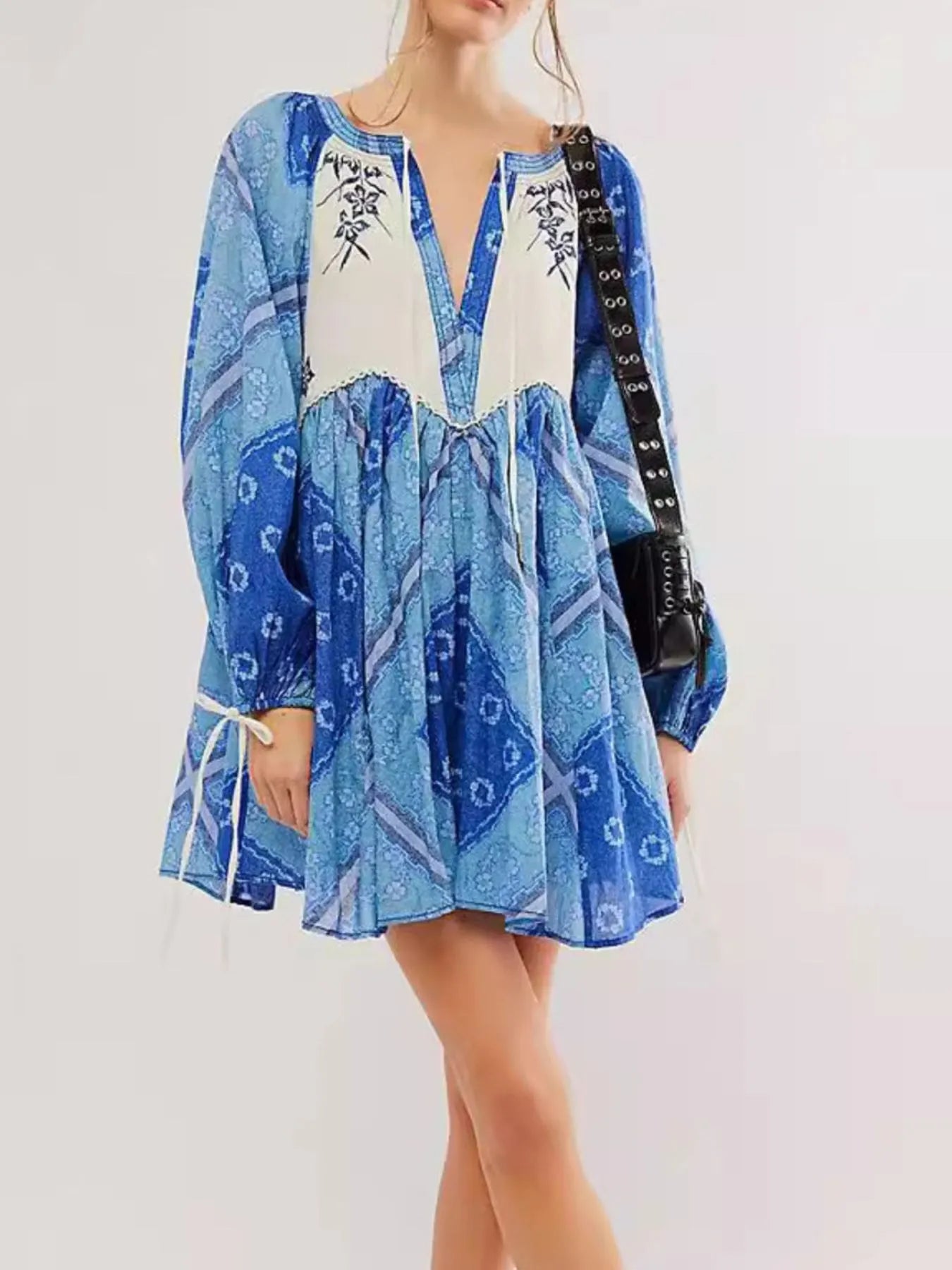 Printed tie neck long sleeve boho mini dress with blue white floral embroidery