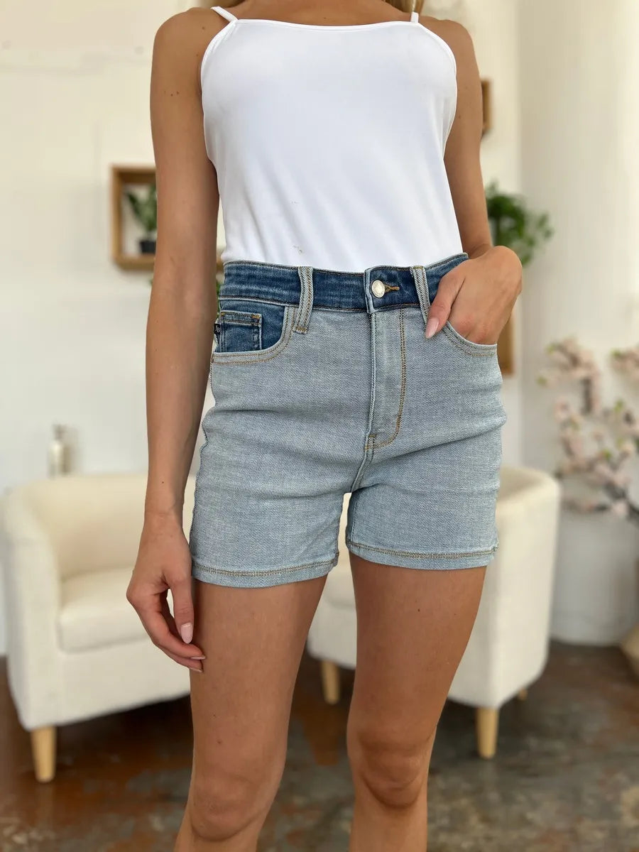 Judy Blue full size color block high-waisted light blue denim shorts