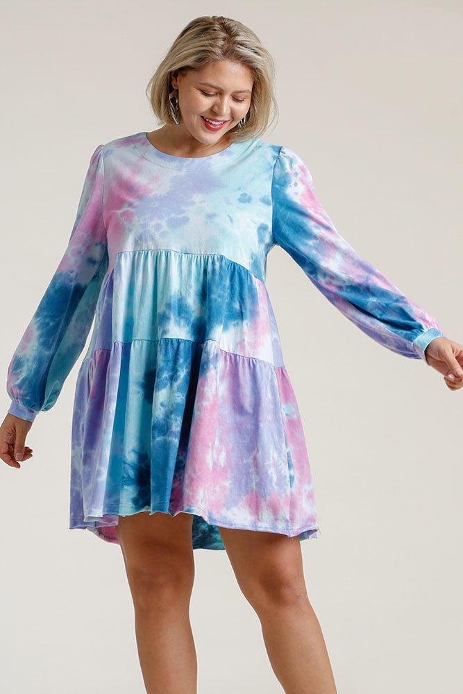 Tie Dye Round Neck Long Sleeve Babydoll Tiered Dress Babydoll Dresses