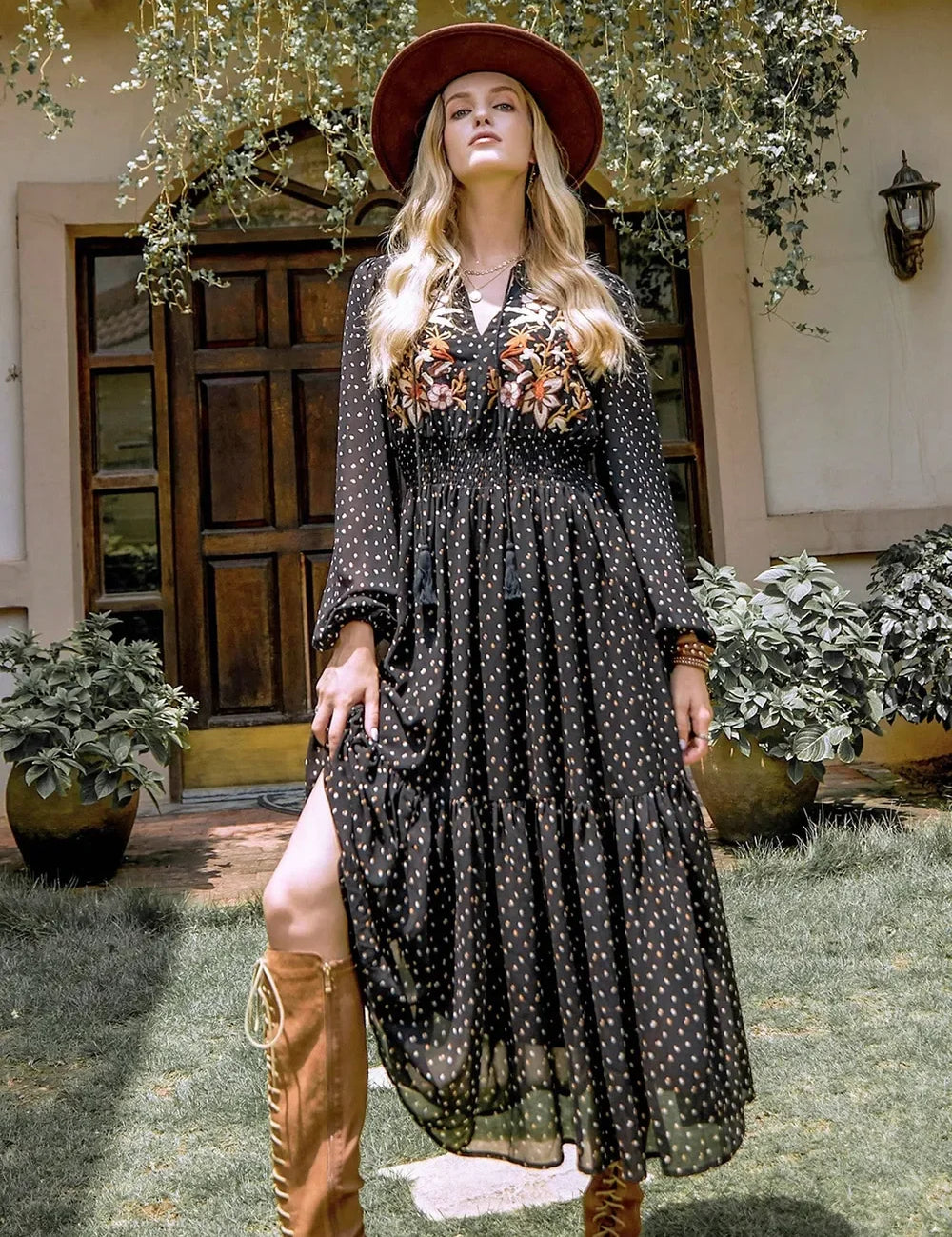 Black polka dot tie neck midi dress with floral embroidery