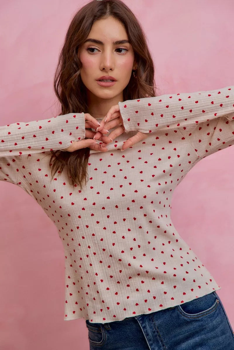 SO ME Ditsy Heart All Over Slub Rib Knit Valentine Top in cream with red hearts