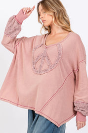 SAGE + FIG Peace Sign Mineral Wash Terry Top | Tops Daverri Fashions