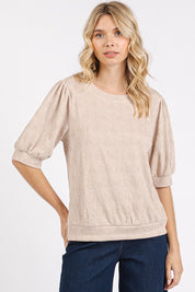 Mittoshop Fan Shell Texture Short Puff Sleeve Knit Top Tan Tops