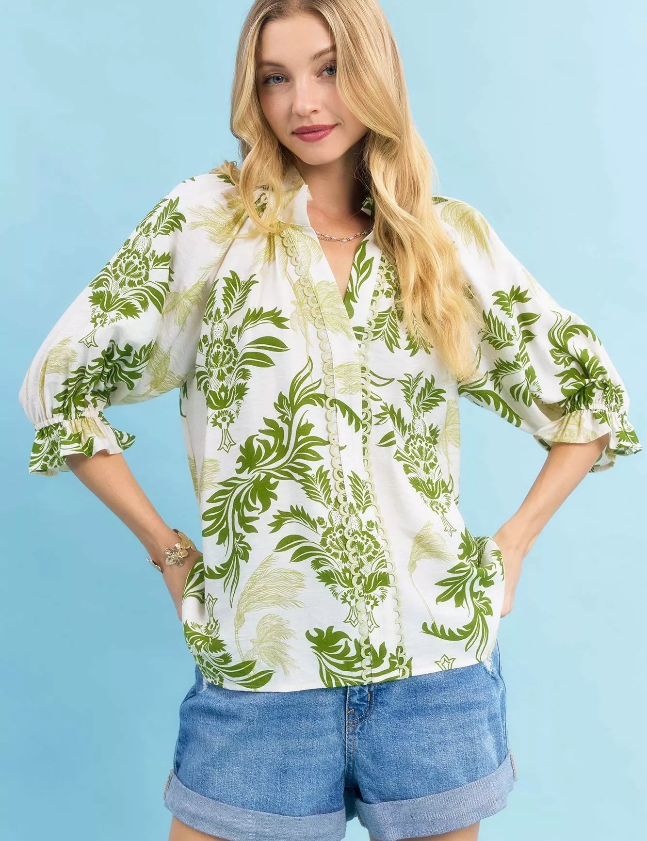 SAGE Umgee Leafy Damask Print Blouse with Contrast Scalloped Trim Detail | Blouses Daverri Fashions