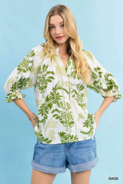 SAGE Umgee Leafy Damask Print Blouse with Contrast Scalloped Trim Detail | Blouses Daverri Fashions