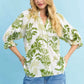 Umgee Leafy Damask Print Blouse with Contrast Scalloped Trim Detail - DAVERRI FASHIONS
