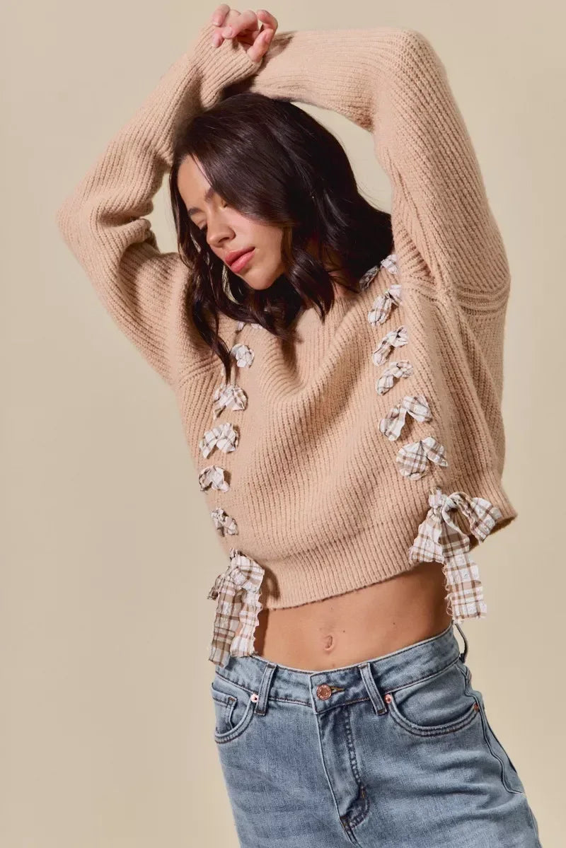 SO ME Checkered Plaid Tape Lace Up Ribbed Sweater Taupe - DAVERRI FASHIONS