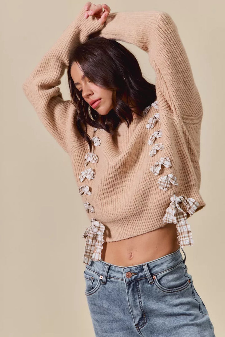 SO ME Checkered Plaid Tape Lace Up Ribbed Sweater | Daverri Fashions