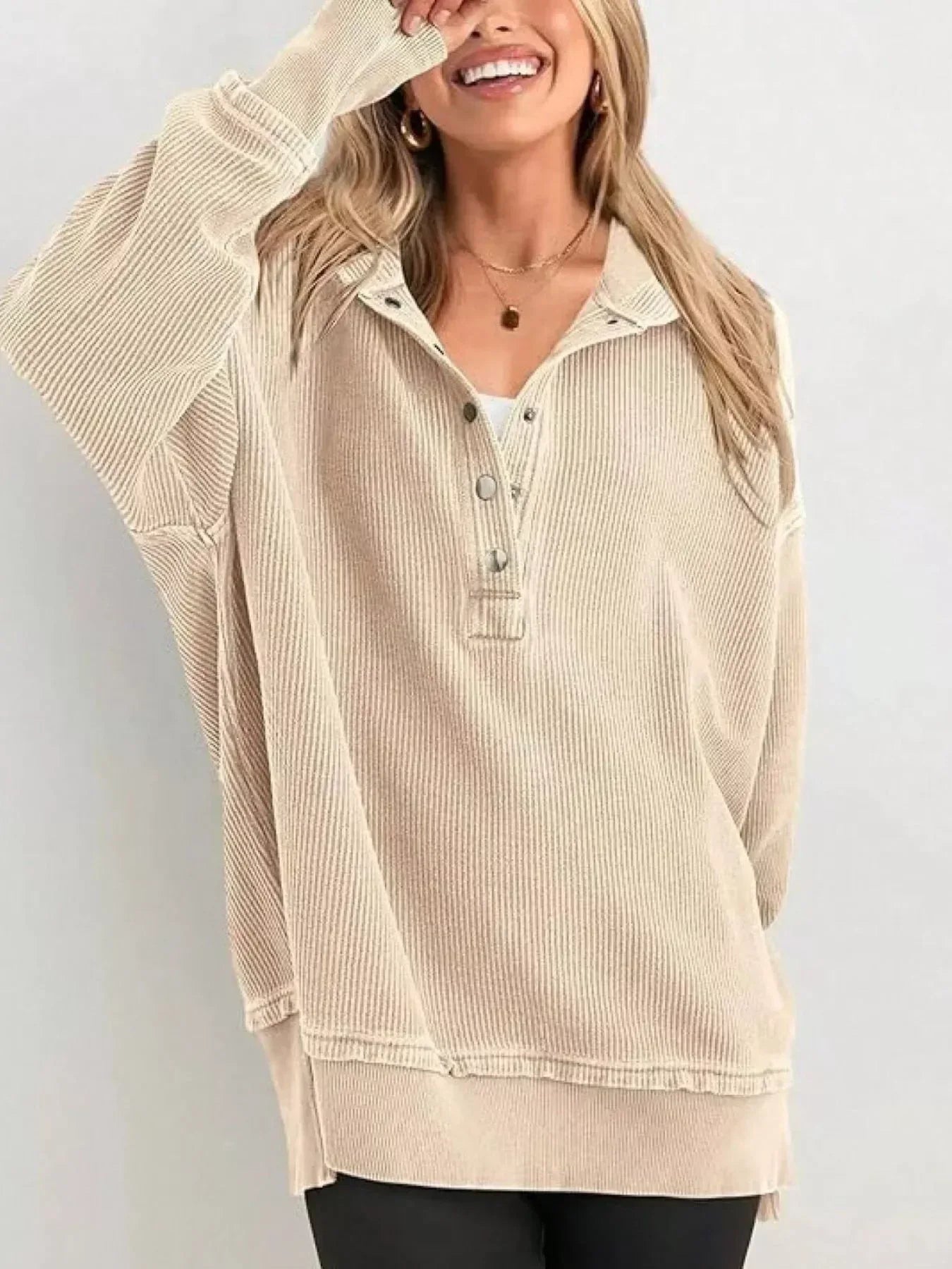 Half Snap Long Sleeve Hoodie - DAVERRI FASHIONS