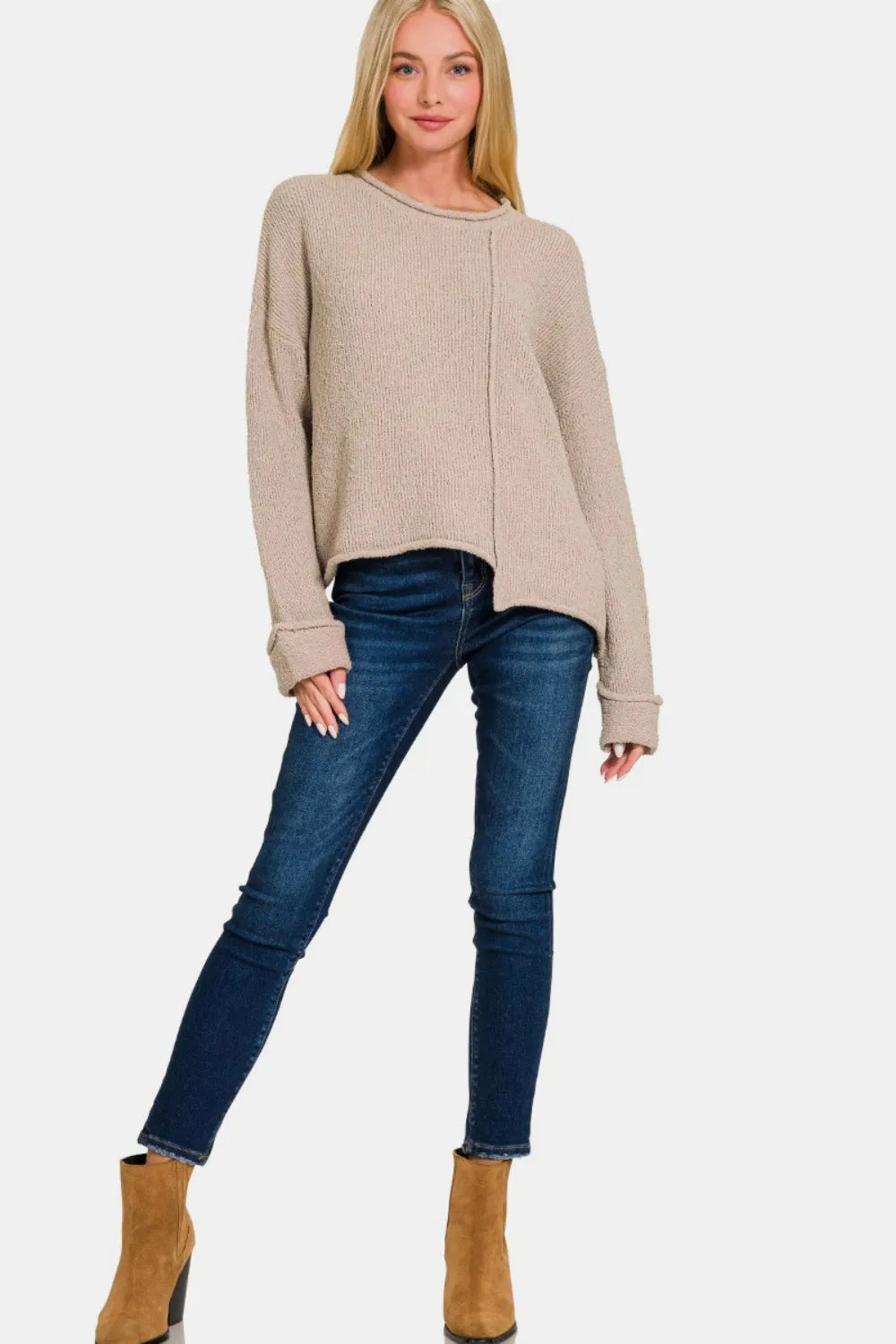 Zenana Asymmetric Hem Drop Shoulder Sweater Sweaters