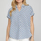 She + Sky Full Size Printed Johnny Collar Short Sleeve Blouse Plus Size Royal Blue XL Blouses