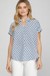 She + Sky Full Size Printed Johnny Collar Short Sleeve Blouse Plus Size - DAVERRI FASHIONS