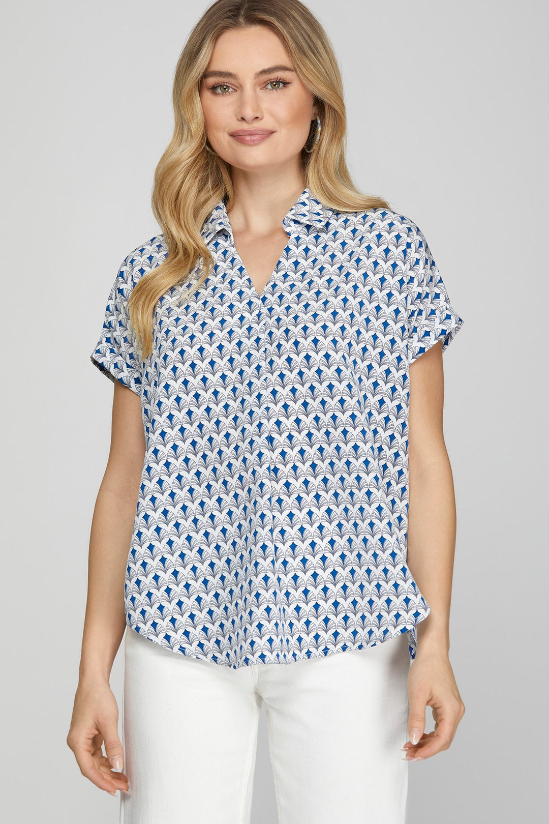 She + Sky Full Size Printed Johnny Collar Short Sleeve Blouse Plus Size Royal Blue Blouses