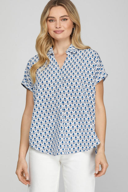 She + Sky Full Size Printed Johnny Collar Short Sleeve Blouse Plus Size - DAVERRI FASHIONS