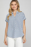 She + Sky Full Size Printed Johnny Collar Short Sleeve Blouse Plus Size - DAVERRI FASHIONS