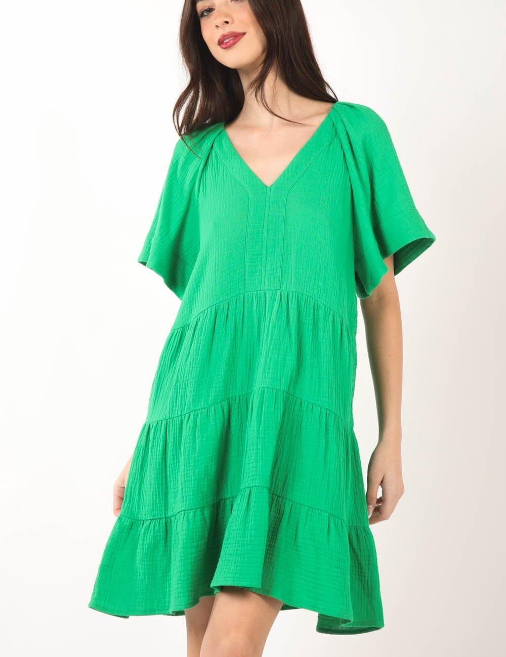 VERY J Texture V-Neck Ruffled Tiered Dress Green S