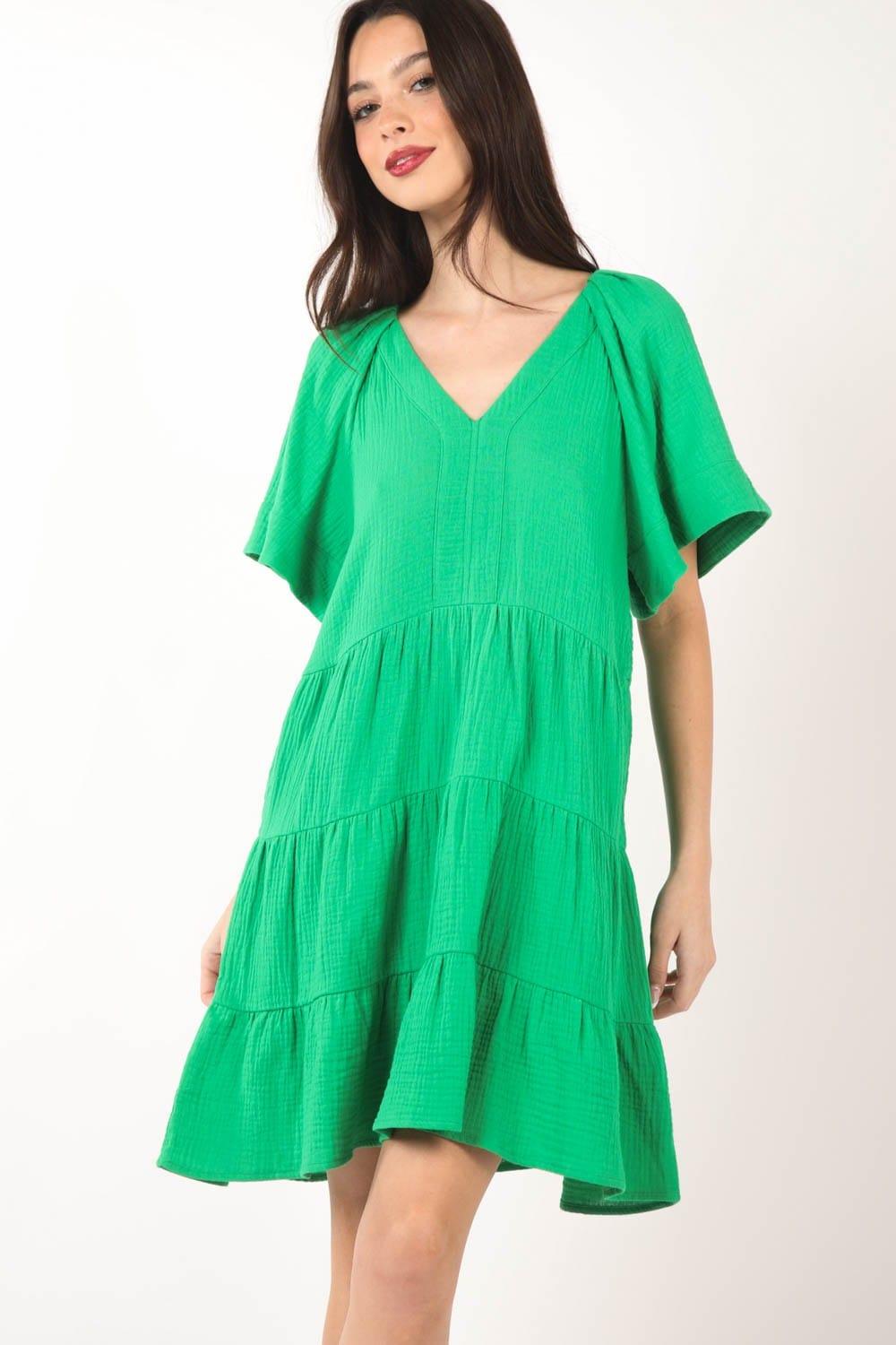 VERY J Texture V-Neck Ruffled Tiered Dress Green S