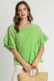 Umgee Full Size Cotton Gauze Round Neck Ruffle Eyelet Layered Sleeve Blouse Plus Size