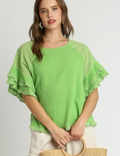 Umgee Full Size Cotton Gauze Round Neck Ruffle Eyelet Layered Sleeve Blouse Plus Size