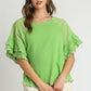 Umgee Full Size Cotton Gauze Round Neck Ruffle Eyelet Layered Sleeve Blouse Plus Size Blouses