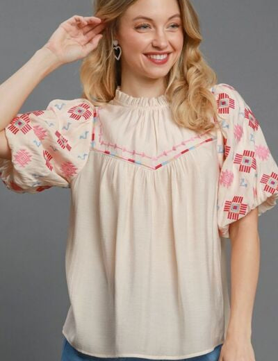 Umgee Full Size Embroidered Puff Sleeve Mock Neck Top Plus Size Cream Tops