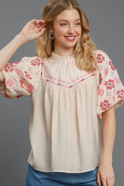 Umgee Full Size Embroidered Puff Sleeve Mock Neck Top Plus Size Cream Tops