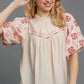 Umgee Full Size Embroidered Puff Sleeve Mock Neck Top Plus Size Cream Tops