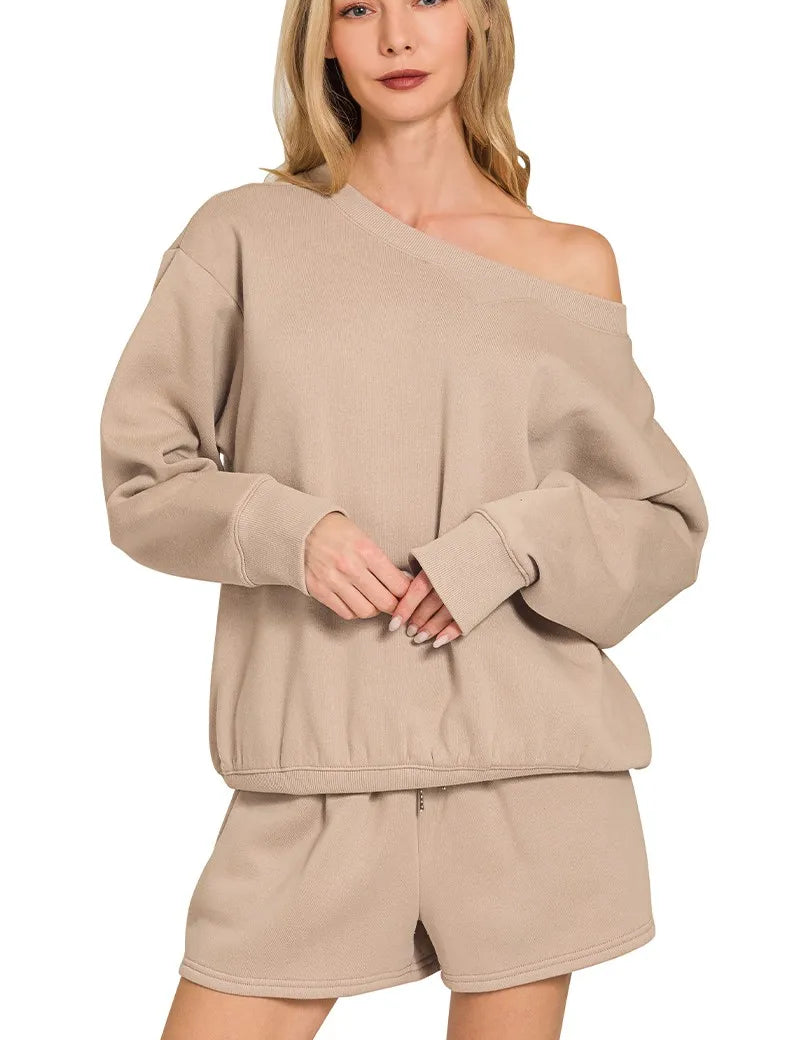 ASH MOCHA Zenana Fleece Boat Neck Sweatshirt and Shorts Set | Loungewear Sets Daverri Fashions