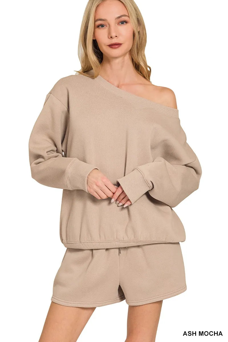 ASH MOCHA Zenana Fleece Boat Neck Sweatshirt and Shorts Set | Loungewear Sets Daverri Fashions