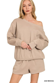 ASH MOCHA Zenana Fleece Boat Neck Sweatshirt and Shorts Set | Loungewear Sets Daverri Fashions