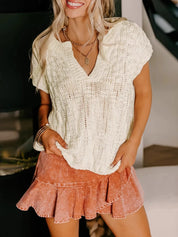 Apricot Notched Short Sleeve Sweater | Sweaters Daverri Fashions