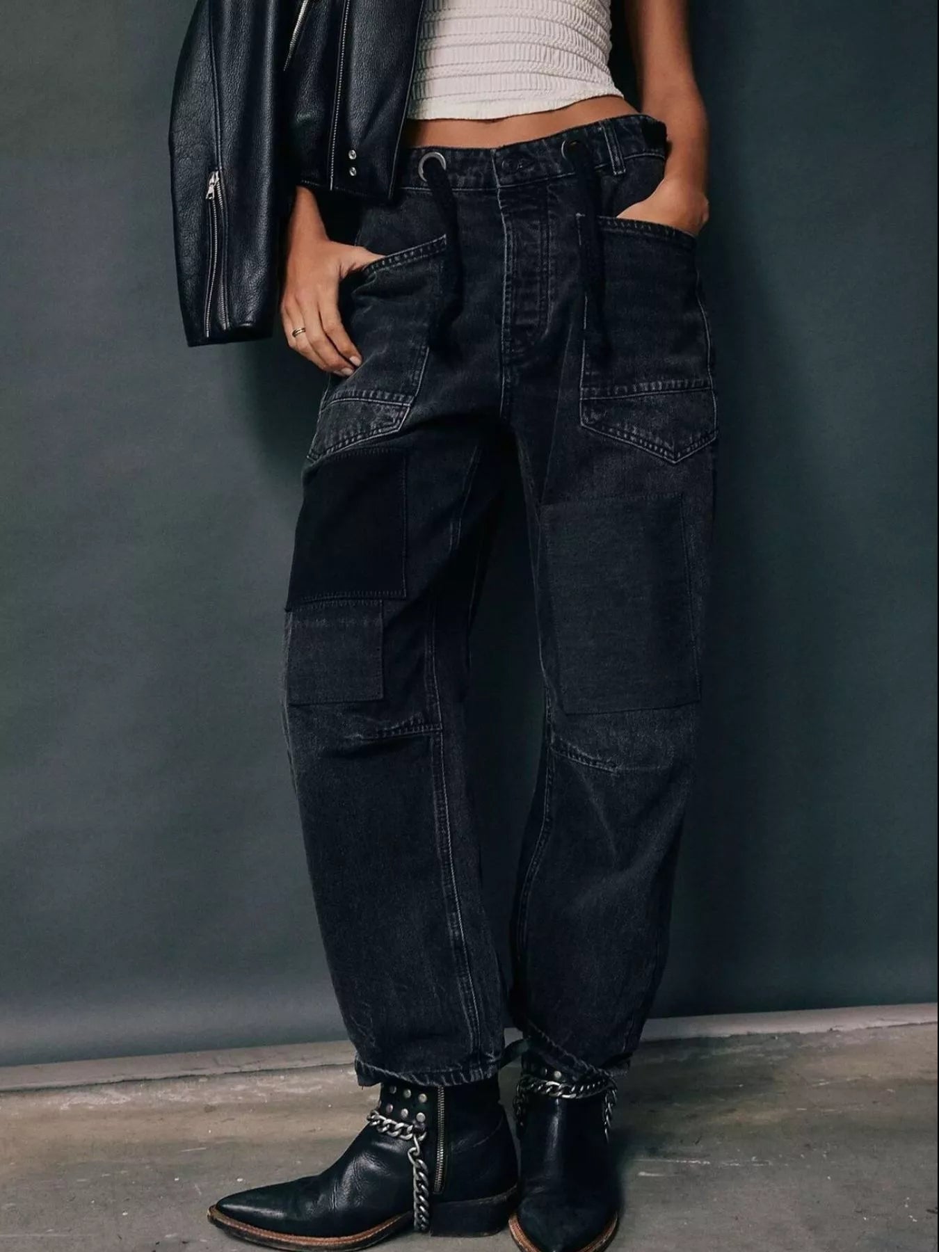 Daverri Washed Relaxed Fit Barrel Jeans dark-wash denim cargo pants