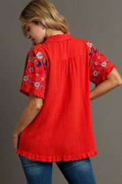 Umgee Full Size Linen Shirt with Embroidered Sleeves Plus Size Shirts