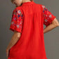 Umgee Full Size Linen Shirt with Embroidered Sleeves Plus Size Shirts