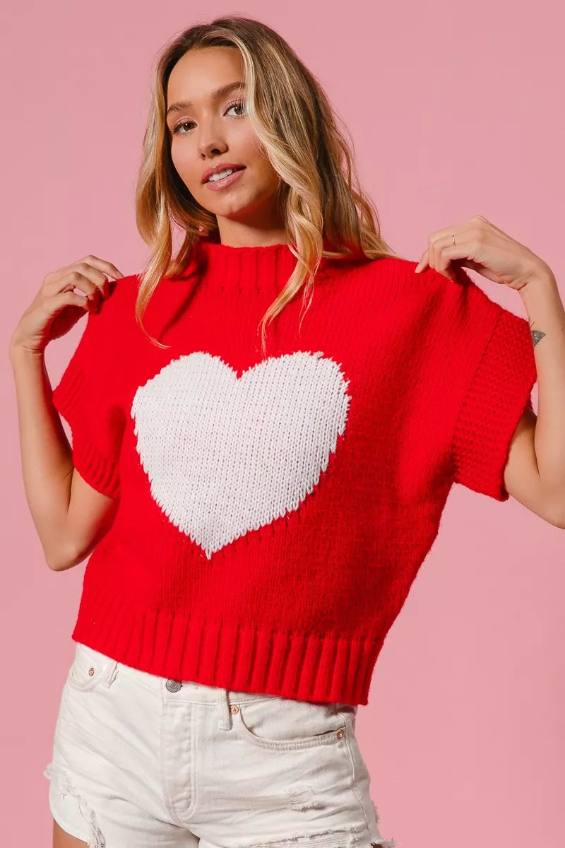 Red BiBi Rib Banded Heart Pattern Valentines Sweater