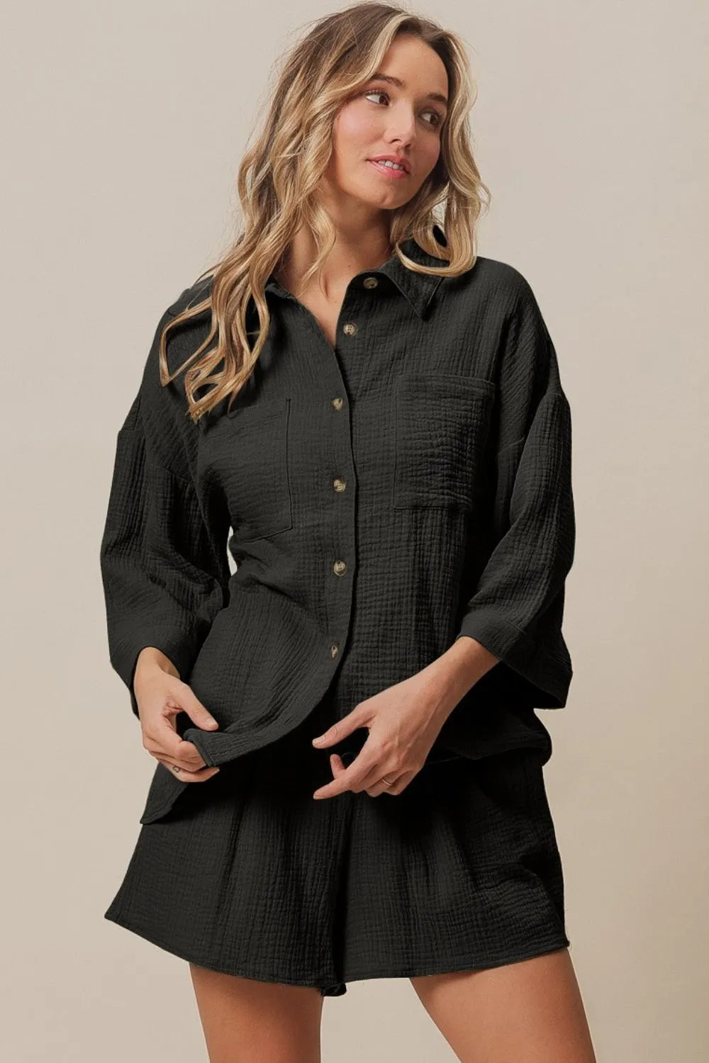 BiBi Crinkle Gauze Shirt and Short Set BLACK Outfit Sets