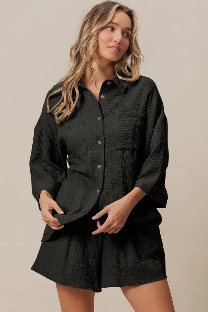BiBi Crinkle Gauze Shirt and Short Set BLACK Outfit Sets