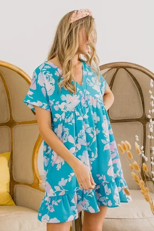 BiBi Floral Crinkle Shirred Ruffle Detail V Neck Dress - DAVERRI FASHIONS