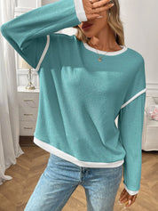 Ribbed Contrast Trim Long Sleeve Top | Knit Tops Daverri Fashions