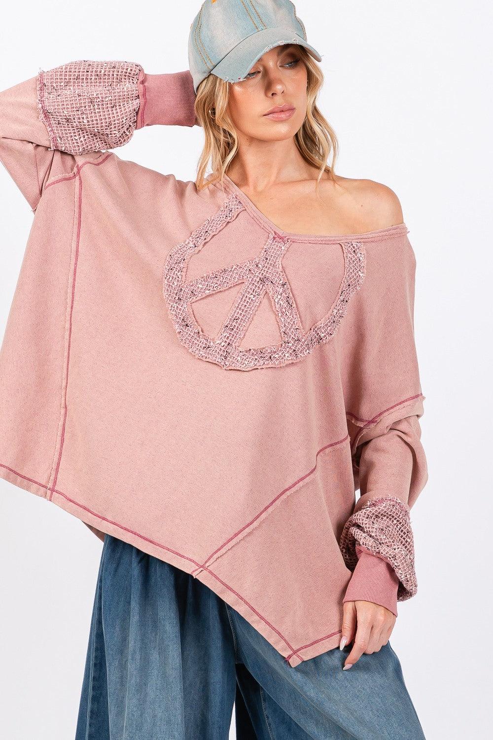SAGE + FIG Peace Sign Mineral Wash Terry Top Mauve S