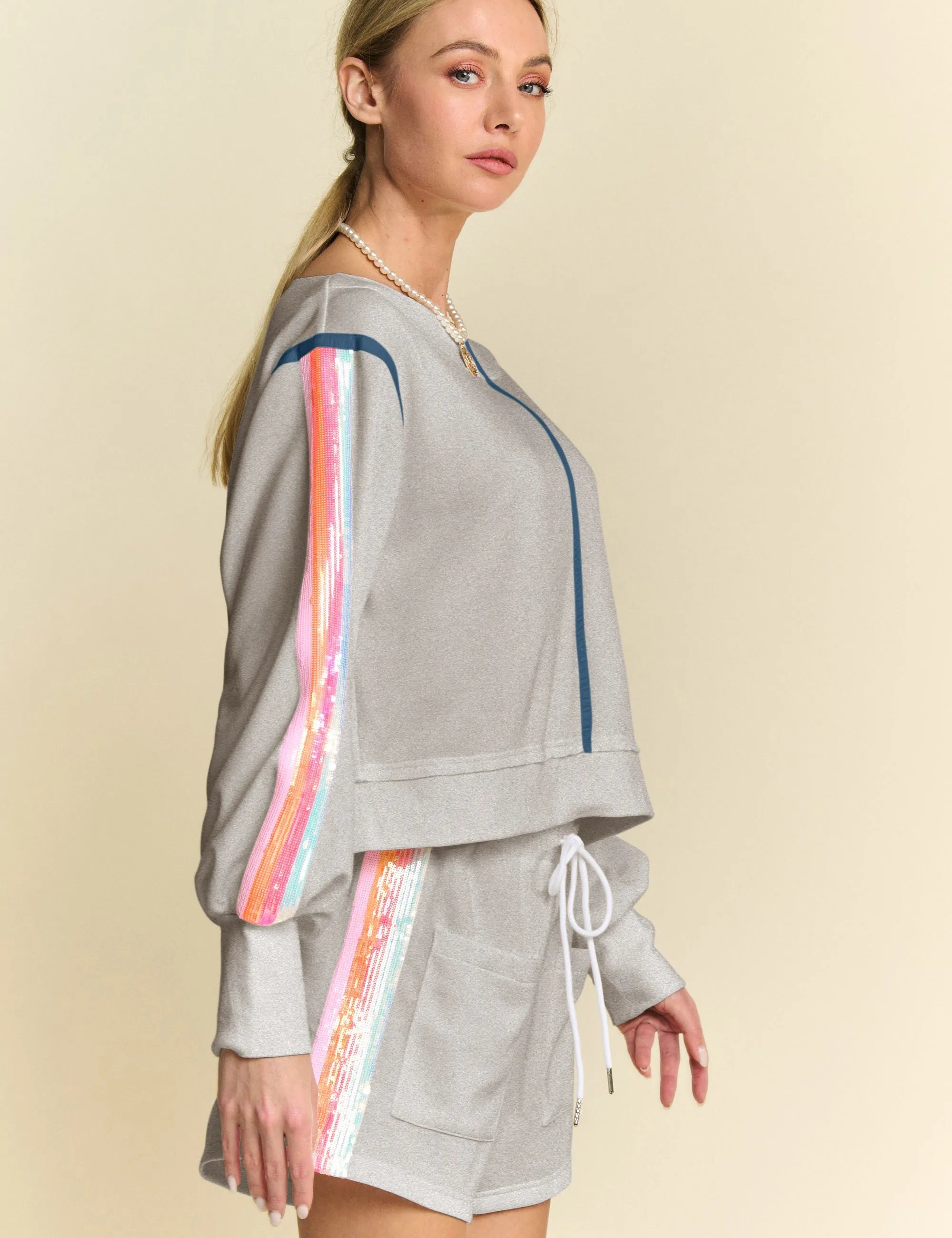 Davi & Dani Sequin Stripe Long Sleeve Top And Short Pants Set | Outfit Sets Daverri Fashions