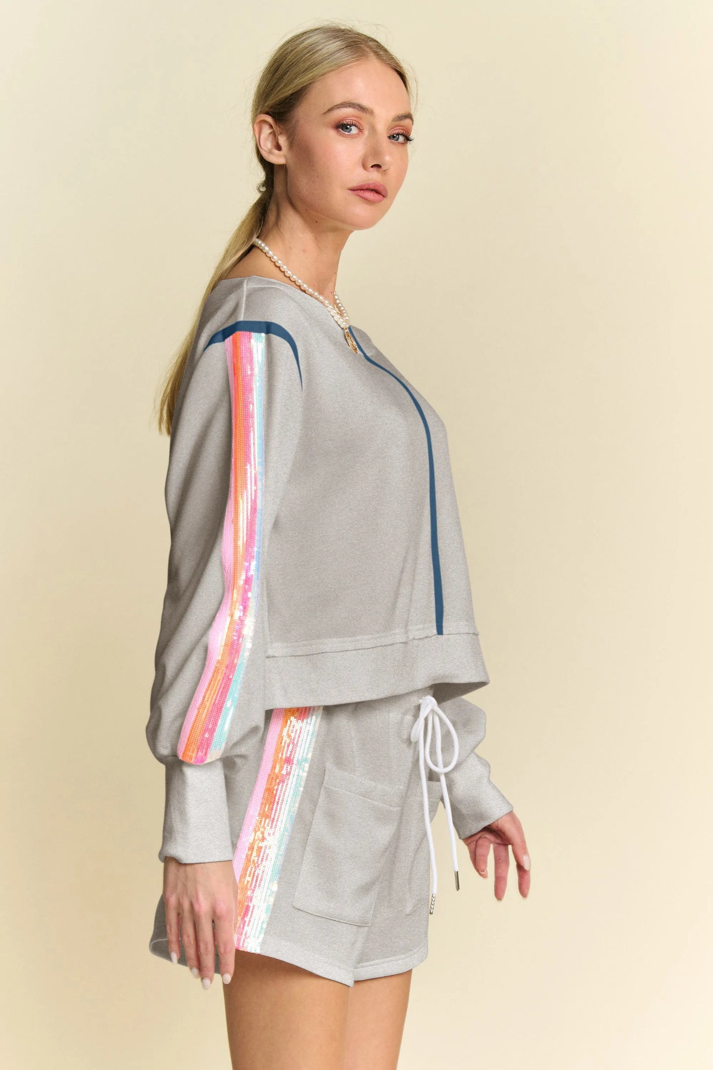 Davi & Dani Sequin Stripe Long Sleeve Top And Short Pants Set Shorts Sets