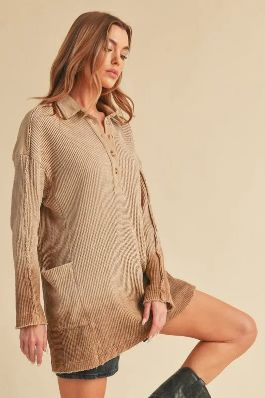 Aemi+Co Waffle-Knit Frayed Hem Button Detail Top