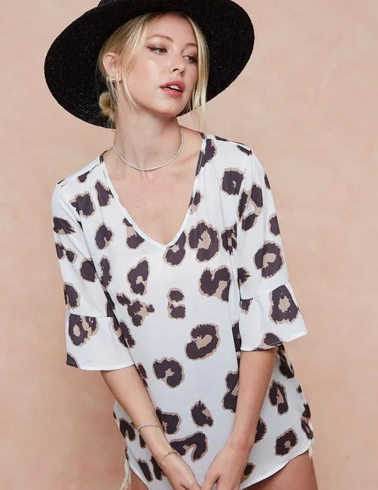 BiBi Leopard Printed V Neck Woven Top with Ruffled | Blouses Daverri Fashions