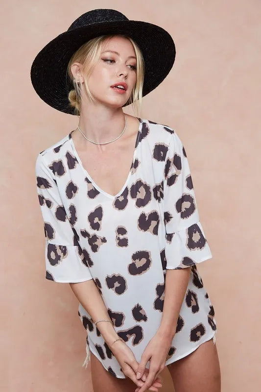 BiBi Leopard Printed V Neck Woven Top with Ruffled | Blouses Daverri Fashions